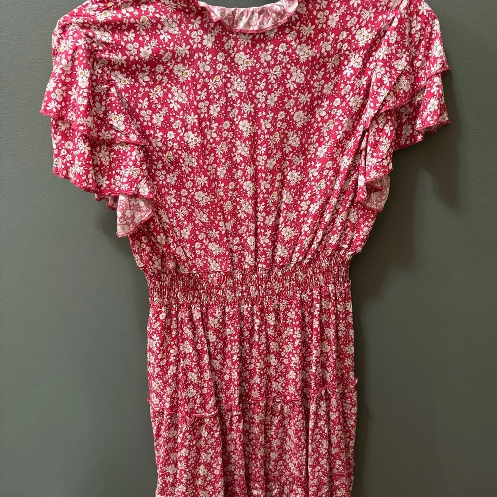 Floral Red Dress with Ruffle Sleeves - Picture 2 of 2